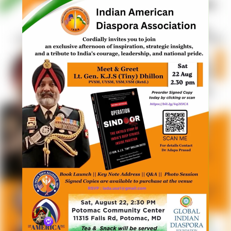 A military officer in uniform is featured in the foreground next to a book titled "Operation Sindoora," with event details for the Indian American Diaspora Association's meet and greet in the background.