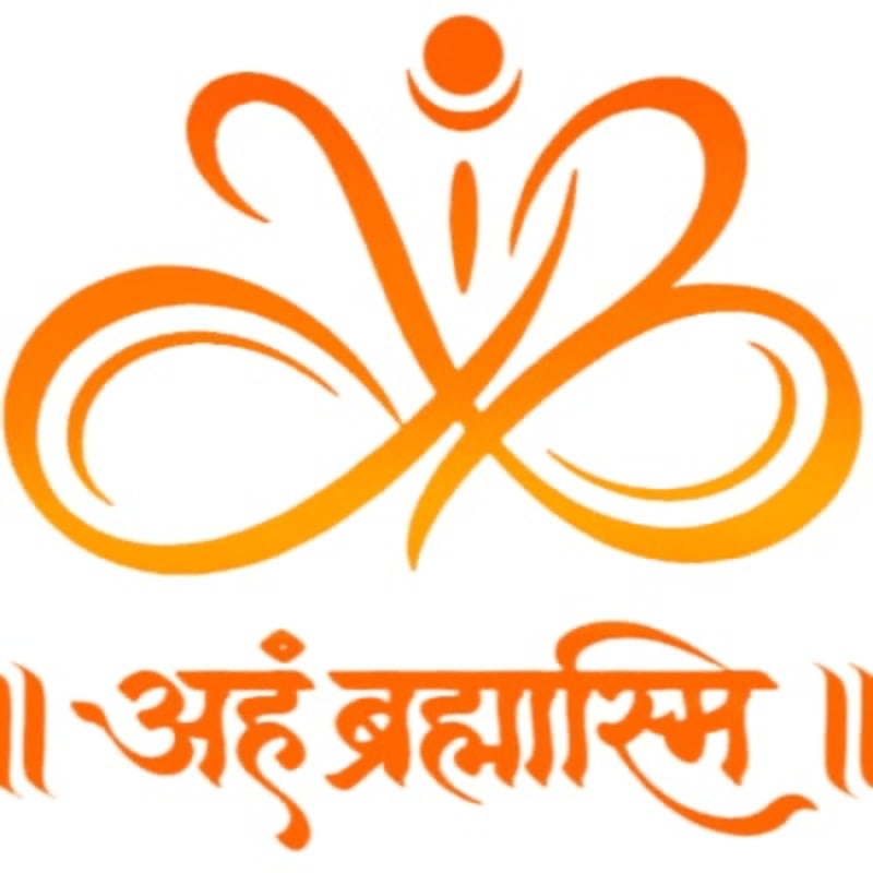 An orange symbol resembling an infinity loop with a dot above it is centered on a white background, with Sanskrit text in orange below it.
