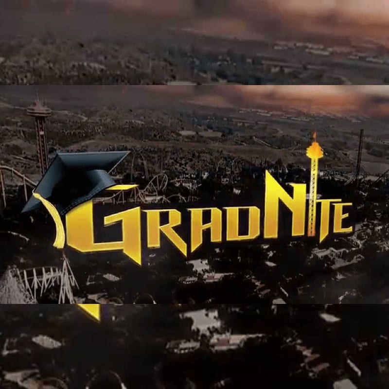 A graduation cap and the golden text "GRADNITE" are in the foreground, with a blurred amusement park and a dramatic sky in the background.