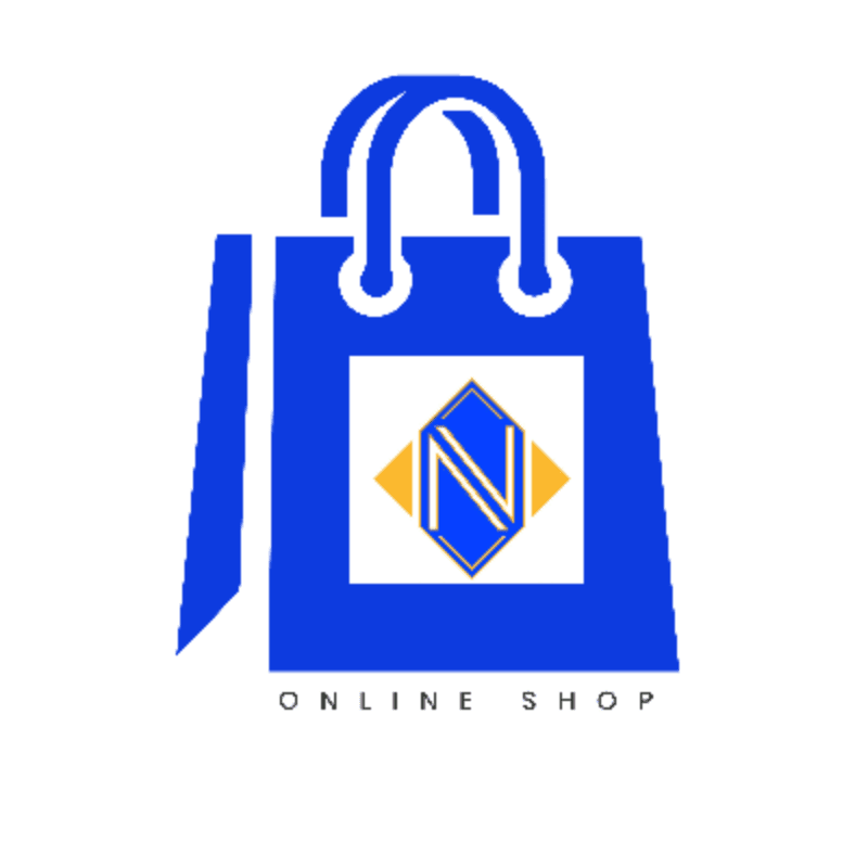 A blue shopping bag with a logo in the center and the words "ONLINE SHOP" below it are set against a white background.