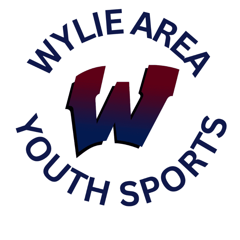 A large, stylized "W" with a gradient of red to blue is centered on a white background, surrounded by the words "WYLIE AREA" and "YOUTH SPORTS" in a circular arrangement.
