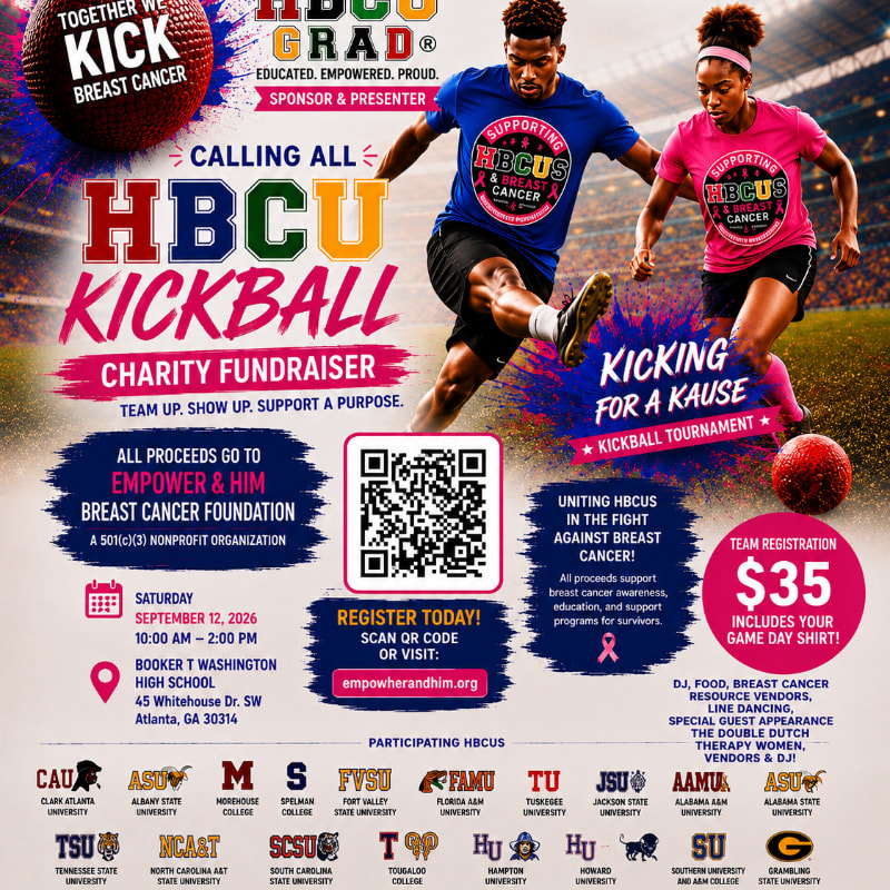 In the foreground, a man in a blue shirt kicks a soccer ball while a woman in a pink shirt runs alongside him, both wearing "Supporting HBCUs Breast Cancer" shirts, against a background of event details and logos for a breast cancer charity kickball fundraiser.