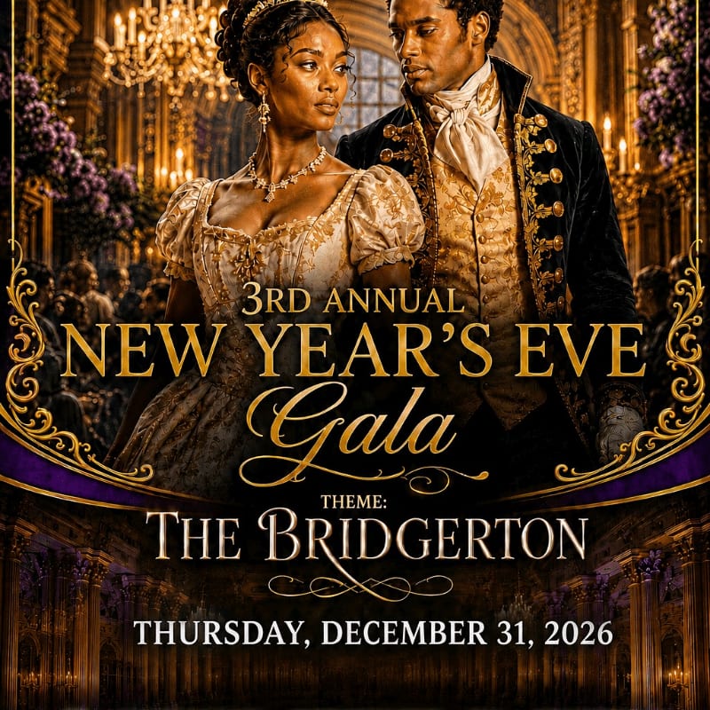 A couple in elegant 19th-century attire stands in a grand ballroom adorned with chandeliers and ornate decorations, advertising the 3rd Annual New Year's Eve Bridgerton Gala.