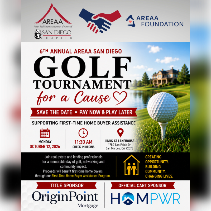 A golf tournament flyer with a golf ball on a tee in the foreground and a scenic golf course with houses in the background.