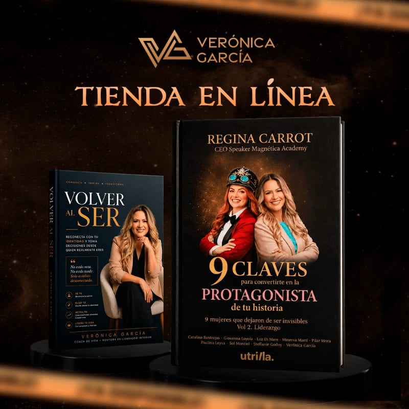 Two books, one titled "Volver al Ser" and the other "9 Claves para convertirte en la Protagonista de tu historia," are displayed on a dark, textured background with the "Verónica García Tienda en Línea" logo above.
