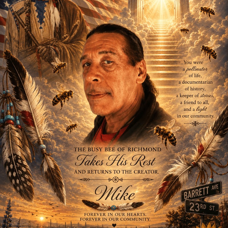 A portrait of a man with feathers and bees in the foreground is set against a background of clouds, stairs leading to a bright light, and an American flag.