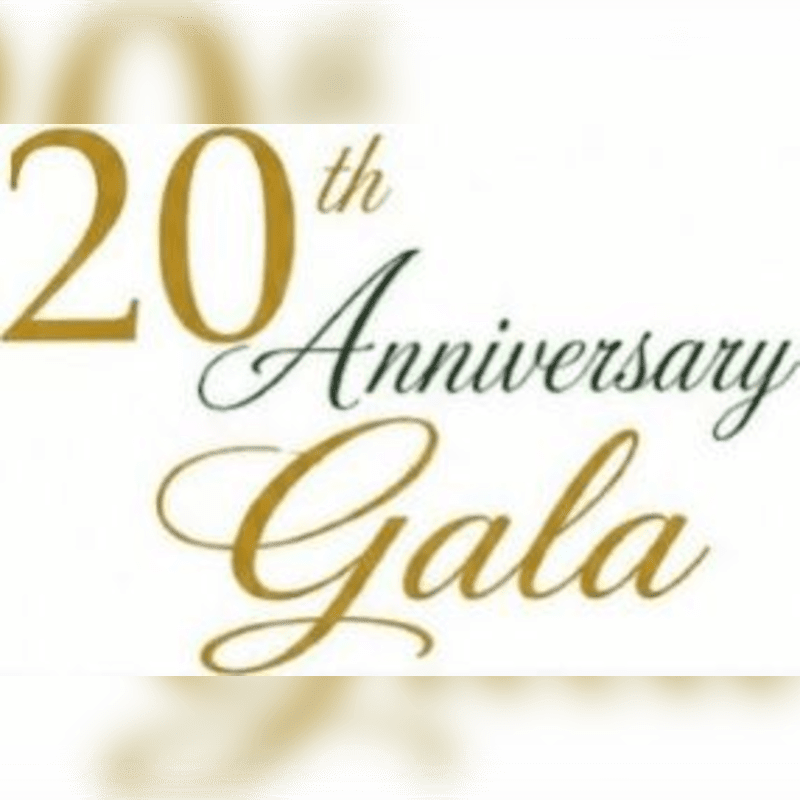 Gold and dark green text announcing a "20th Anniversary Gala" is set against a blurred, light background.