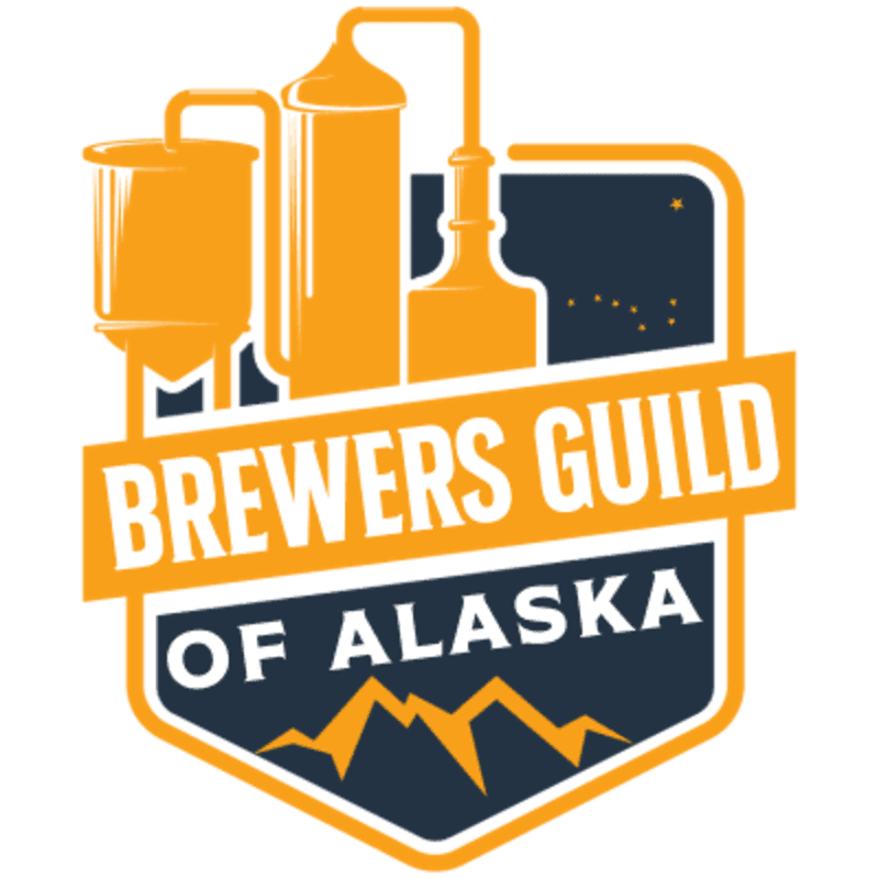 Brewing equipment and mountains are featured in the foreground, with a starry sky and the text "BREWERS GUILD OF ALASKA" in the background.