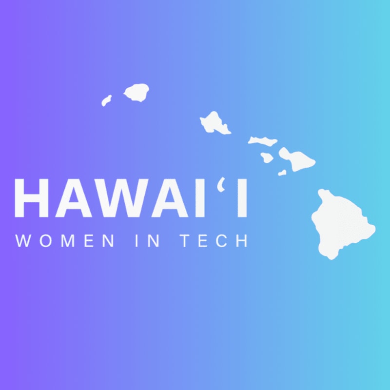 White silhouettes of the Hawaiian Islands are superimposed on a gradient background of purple and teal, with the words "HAWAI'I WOMEN IN TECH" in white text in the foreground.