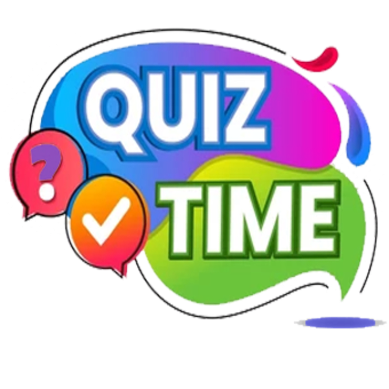 Colorful speech bubbles with a question mark and checkmark are in the foreground, while the words "QUIZ TIME" are prominently displayed in the background.