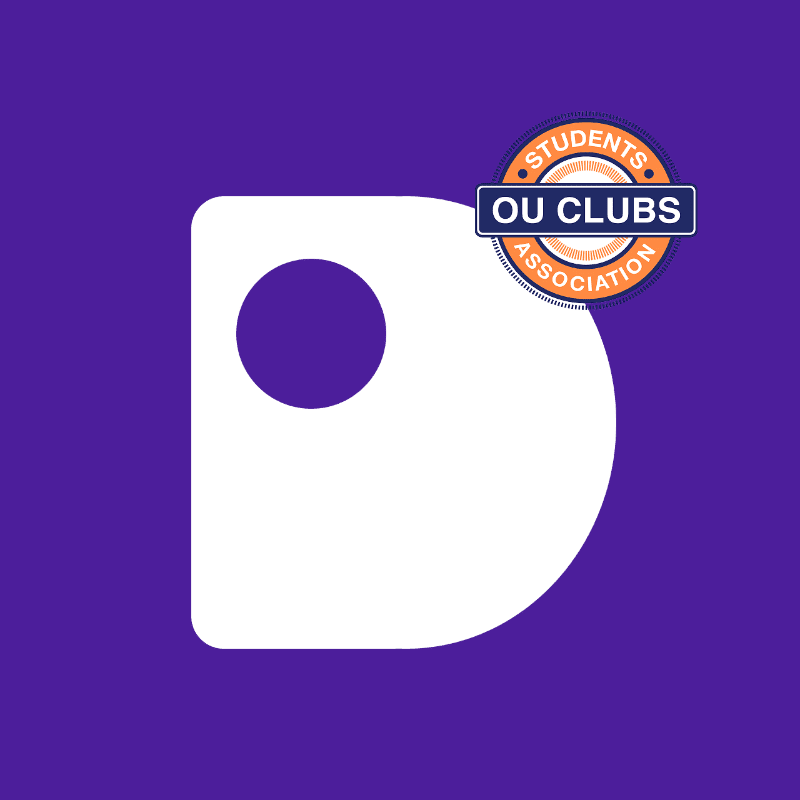 A white stylized letter "D" with a purple circle inside is in the foreground, set against a solid purple background with a circular "OU CLUBS ASSOCIATION STUDENTS" badge in the upper right corner.