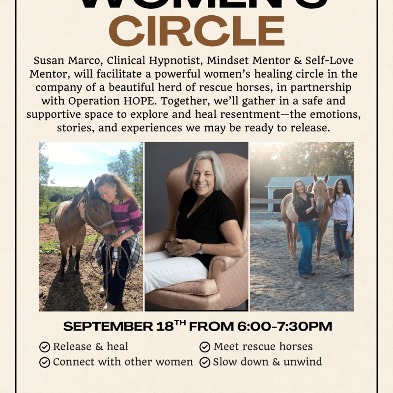 Three photos of women with horses are displayed above event details for a women's healing circle.