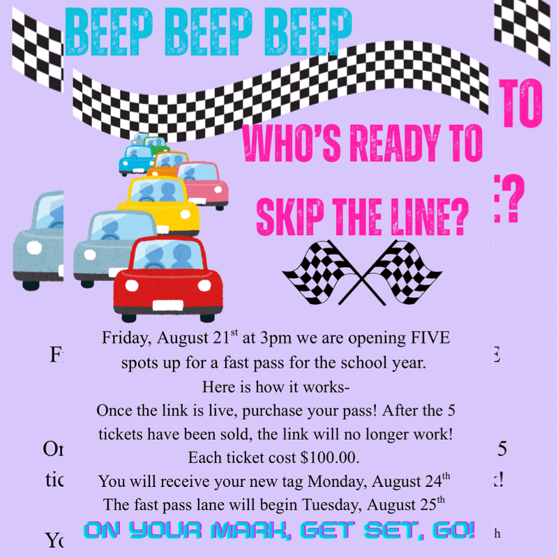 Colorful cartoon cars line up in the foreground under a "BEEP BEEP BEEP" banner, while the background features text announcing a "fast pass" opportunity.