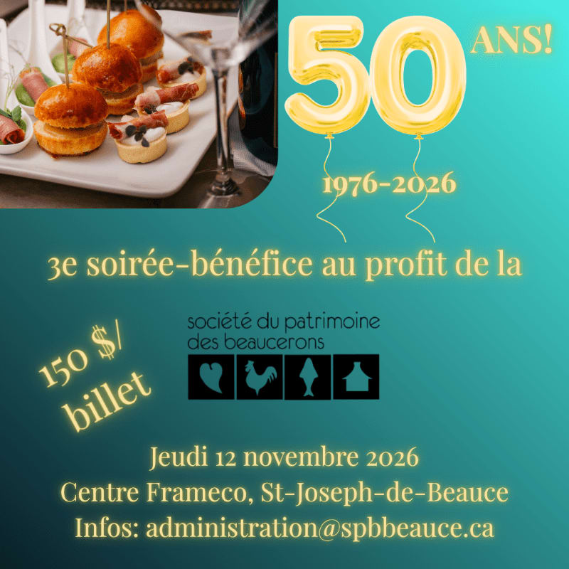 A platter of appetizers is in the foreground, while the background features a "50 ANS!" graphic and event details for a benefit evening.