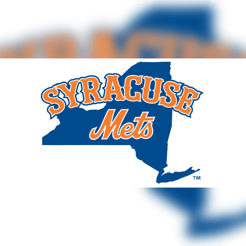 The foreground features the Syracuse Mets logo superimposed on a blue outline of New York State, with the background blurred into orange and white shapes.