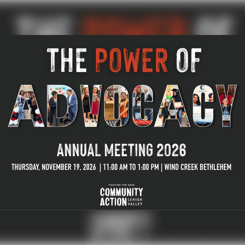 The foreground features the title "THE POWER OF ADVOCACY" with images within the letters, event details, and a logo, while the background is a dark, blurred gradient.