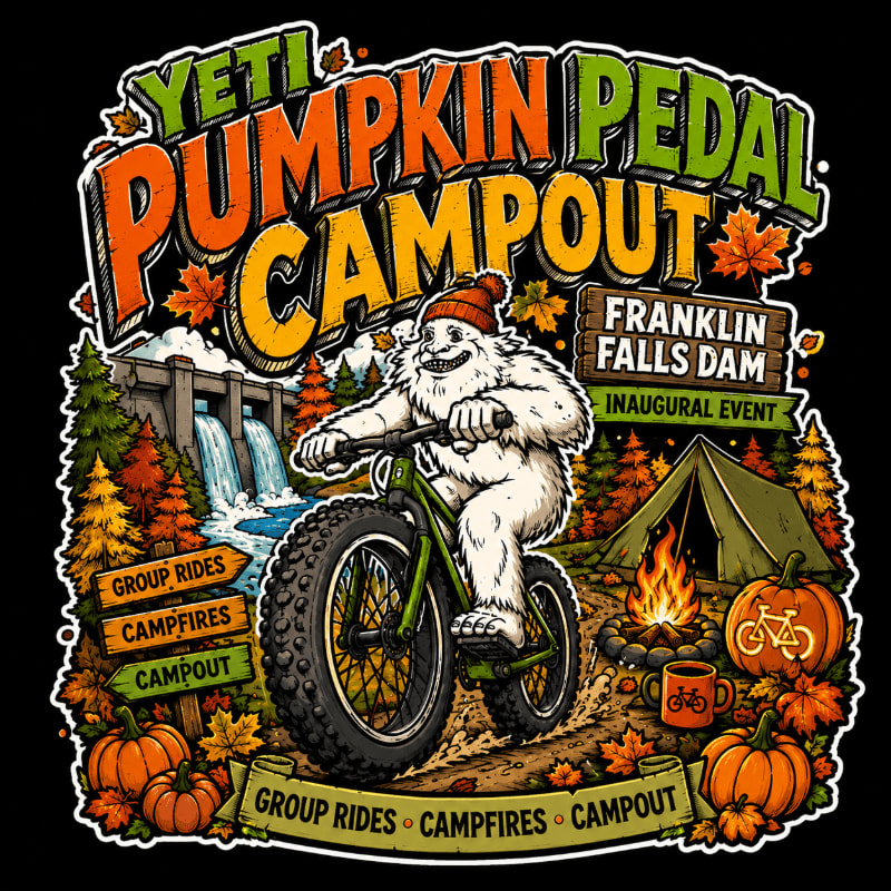 A furry creature rides a fat-tire bike past a campfire and tent, with a dam and autumn foliage in the background.