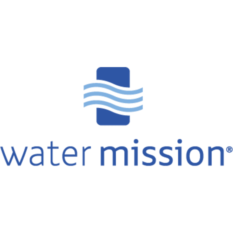 A blue rectangle with wavy white lines representing water is centered above the words "water mission" on a white background.