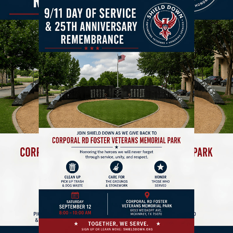 A memorial park with a heart-shaped walkway and engraved walls in the background is featured above text detailing a 9/11 Day of Service event.