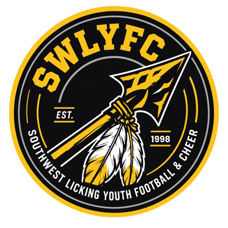 A circular logo with a yellow arrowhead and feathers in the foreground, set against a black background with yellow text and a yellow outer ring.