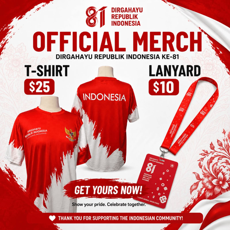 Red and white Indonesian merchandise, including a t-shirt and lanyard, are displayed against a backdrop of Indonesian flags and floral motifs.