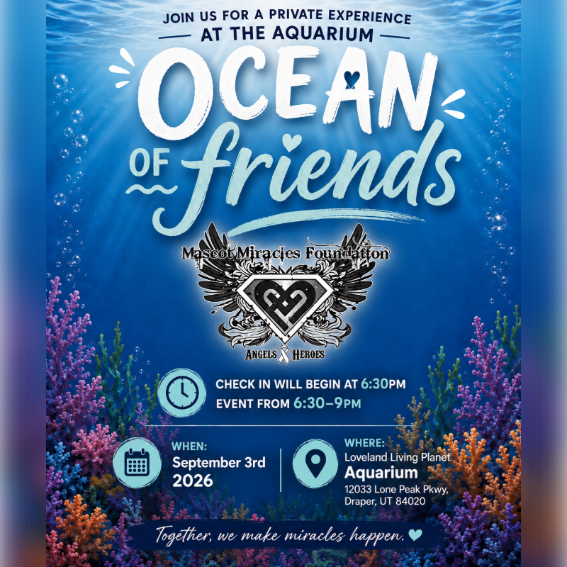 Colorful coral reefs and bubbles fill the foreground, while the background features the "Ocean of Friends" event title with details about a private aquarium experience.