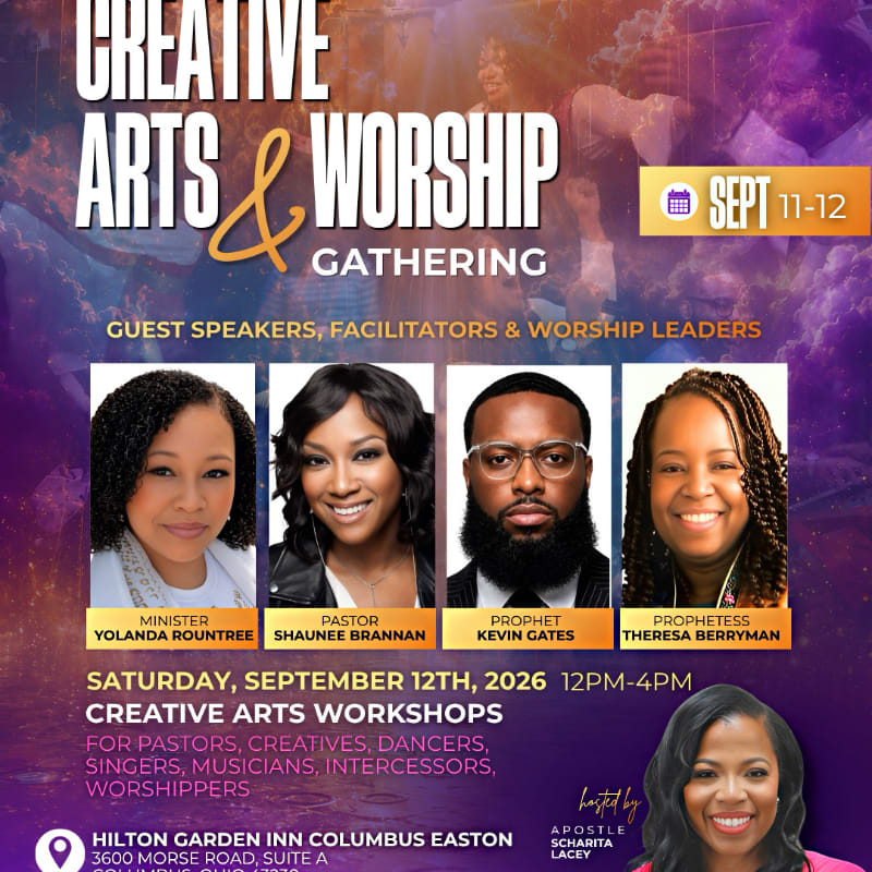 Four individuals are featured in the foreground against a blurred background of a gathering with text announcing a "Creative Arts & Worship Gathering" on September 11-12.