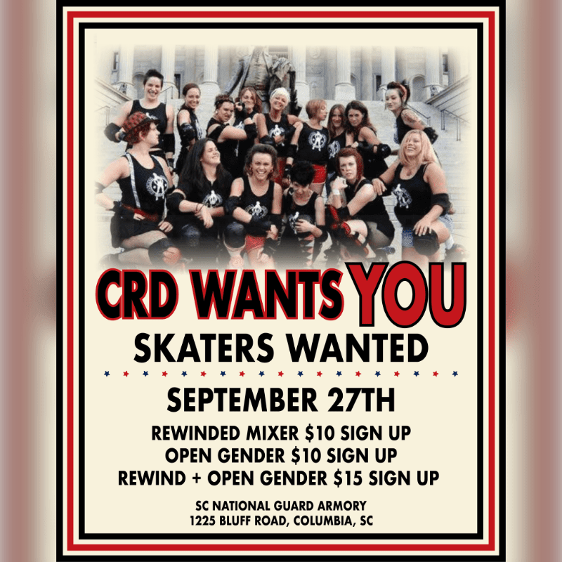 A group of roller derby skaters poses in front of a building with the text "CRD WANTS YOU SKATERS WANTED" below them.