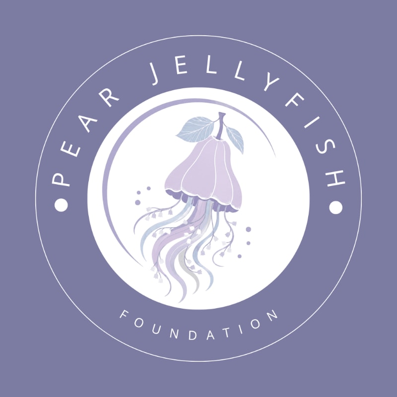 A stylized pear-shaped jellyfish with flowing tentacles is centered within a white circle, surrounded by the text "PEAR JELLYFISH FOUNDATION" in a purple circle against a solid purple background.