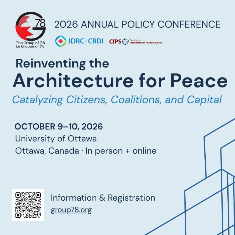 A light blue background with geometric lines frames text announcing the "2026 Annual Policy Conference" titled "Reinventing the Architecture for Peace," with event details and a QR code in the foreground.