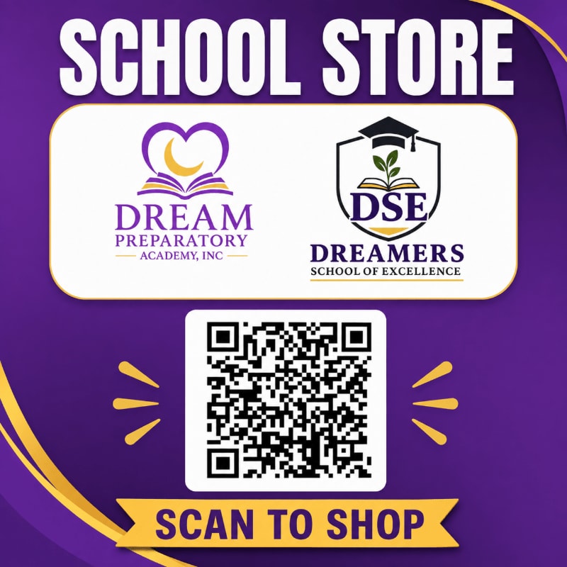 A QR code and two school logos are displayed on a purple background with the words "SCHOOL STORE" and "SCAN TO SHOP" in the foreground.