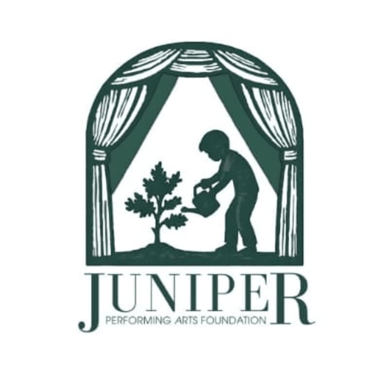 A silhouette of a child watering a sapling is framed by stage curtains, with the "JUNIPER PERFORMING ARTS FOUNDATION" logo below.