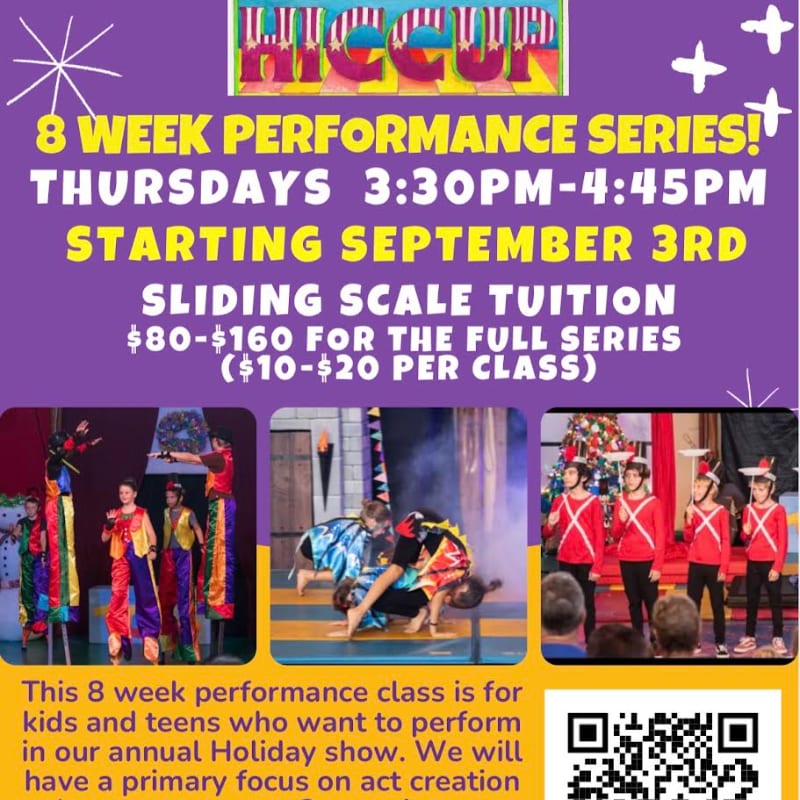 A purple flyer advertises an 8-week performance series for kids and teens, featuring images of children in costumes performing on stage in the foreground and a colorful, text-heavy background.