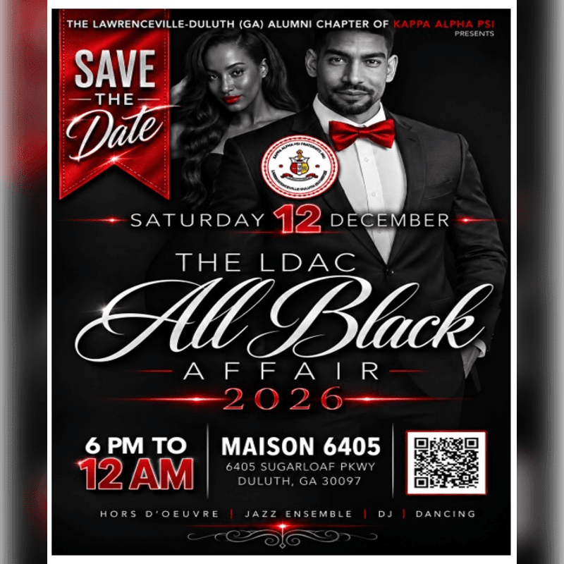 A couple dressed formally stands in the foreground against a black background with event details for the LDAC All Black Affair in 2026.