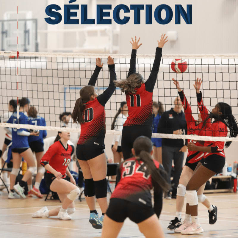 In the foreground, volleyball players in red and black uniforms jump to hit a ball over the net, while in the background, spectators and other players watch from the sidelines of an indoor court.