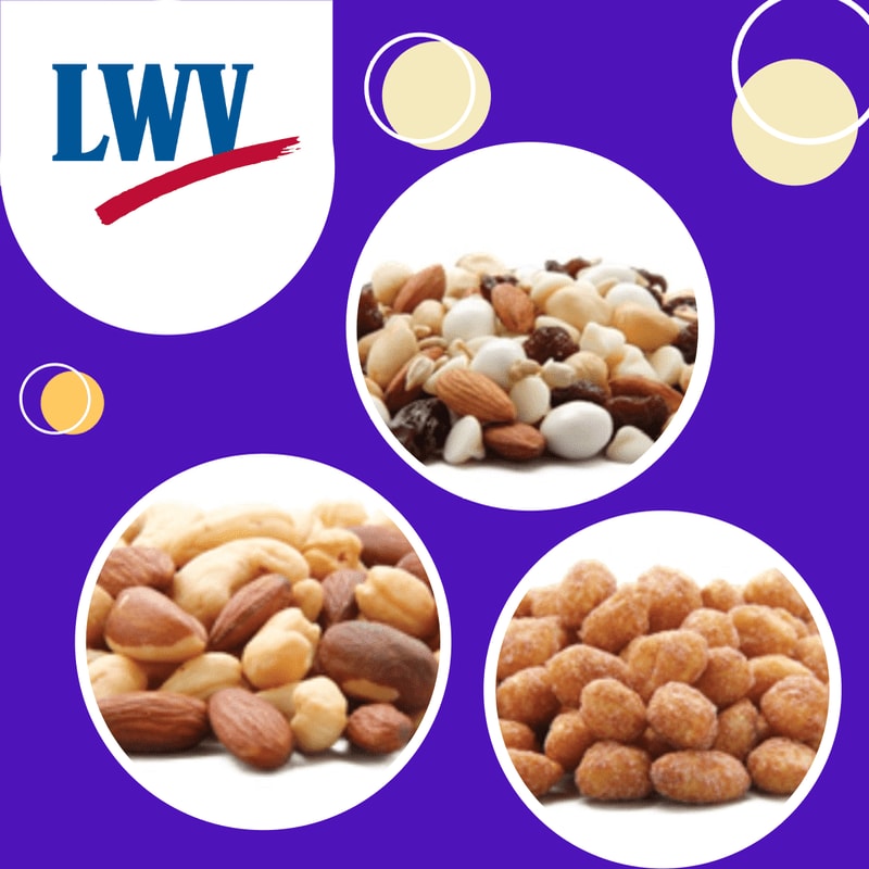 Three circular frames display a variety of nuts and dried fruits in the foreground, set against a purple background with abstract yellow circles and the LWV logo in the upper left corner.