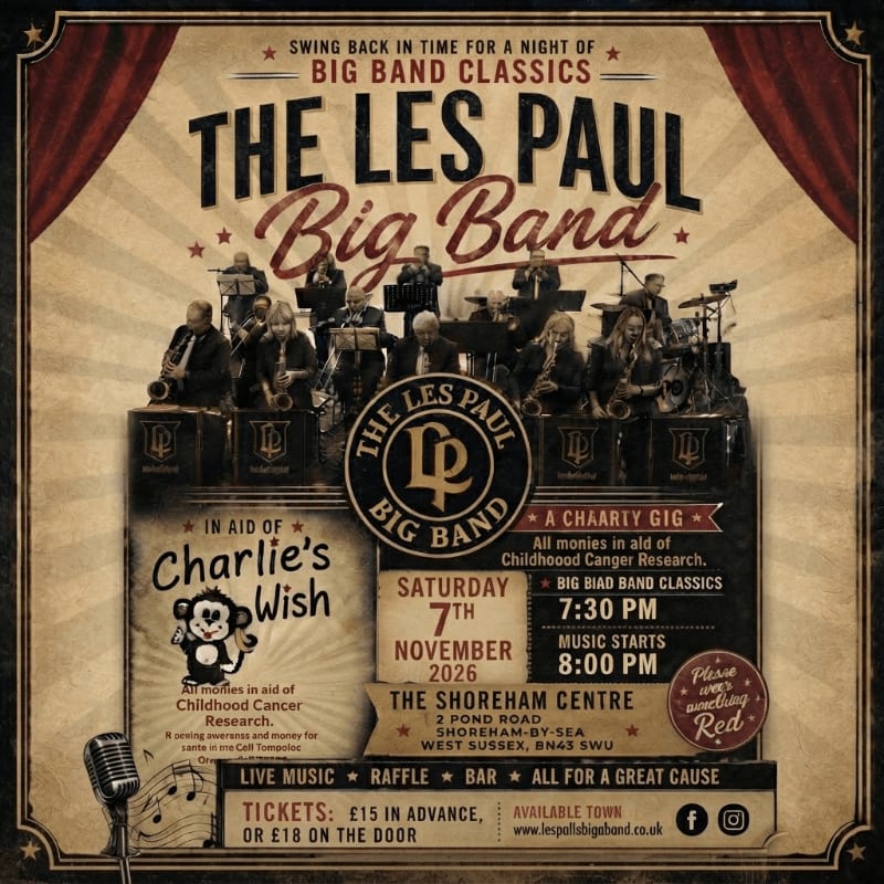 A vintage-style poster advertises "The Les Paul Big Band" playing "Big Band Classics" on November 7th, 2026, at The Shoreham Centre, with a microphone and a cartoon monkey in the foreground and a band performing on stage in the background.