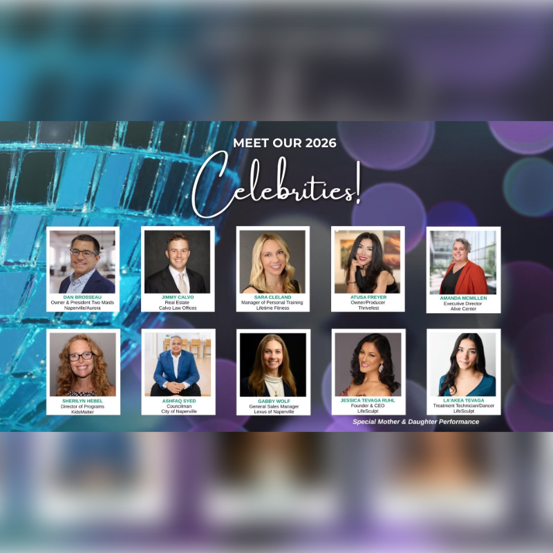 A collage of ten headshots of smiling individuals is presented against a blurred background of shimmering blue and purple lights.