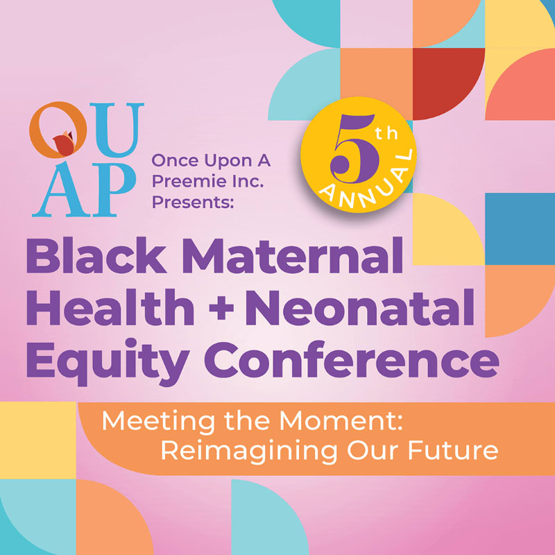 A pink and purple gradient background with geometric shapes frames text announcing the "Black Maternal Health + Neonatal Equity Conference" and its theme "Meeting the Moment: Reimagining Our Future."