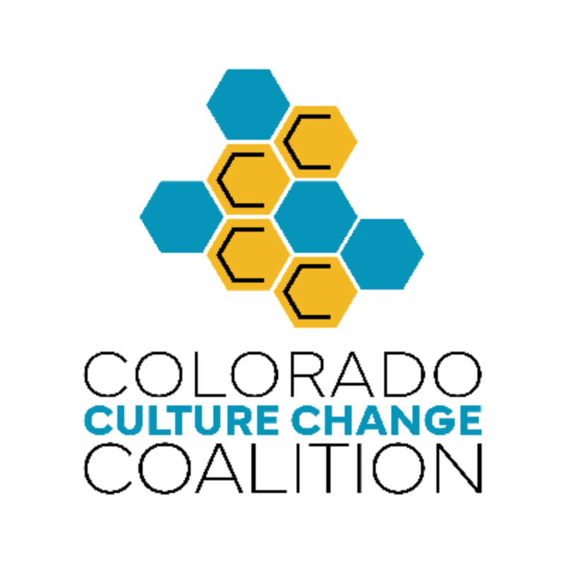 A cluster of blue and yellow hexagons forms the foreground above the text "COLORADO CULTURE CHANGE COALITION" on a white background.
