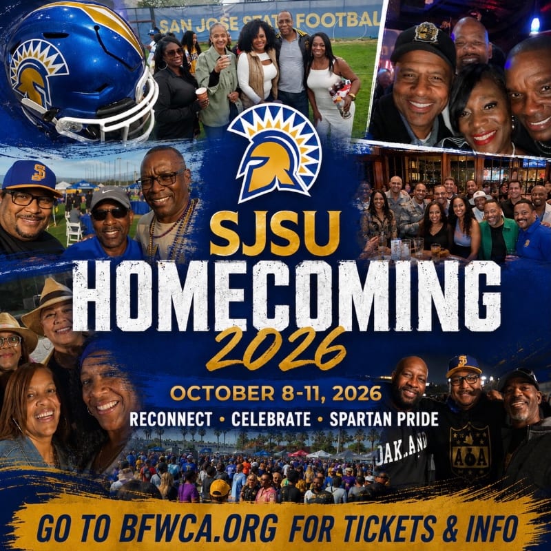 A collage of smiling faces and a football helmet are featured in the foreground, with a large "SJSU HOMECOMING 2026" banner and event details in the background.
