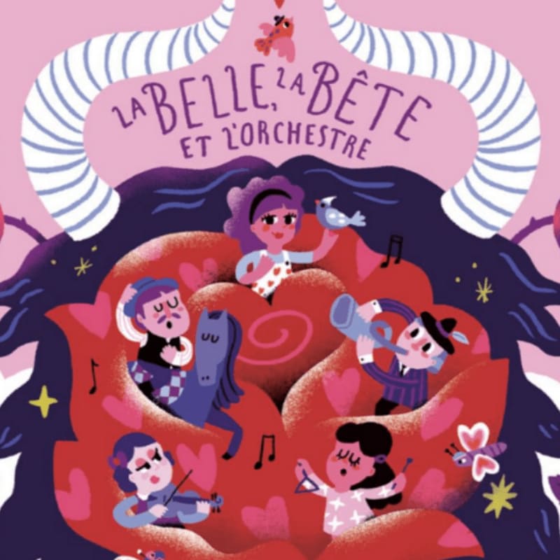 A whimsical illustration features a group of children playing instruments within a large pink rose, framed by stylized horns and floral elements.
