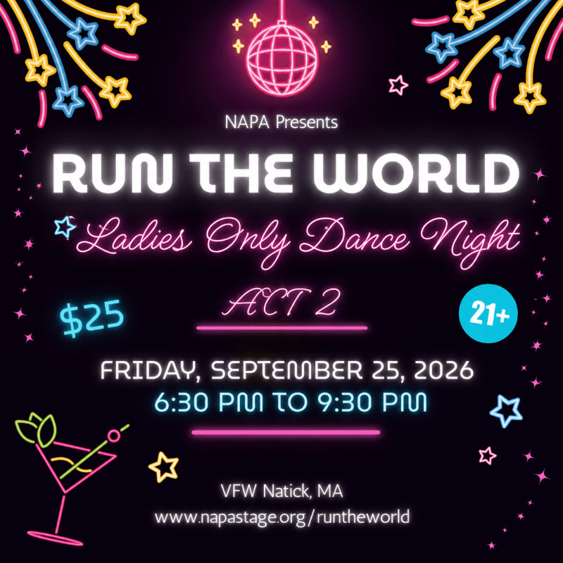 A neon-lit flyer advertises "Run the World: Ladies Only Dance Night" with a disco ball and cocktail in the foreground, set against a dark background with fireworks and stars.