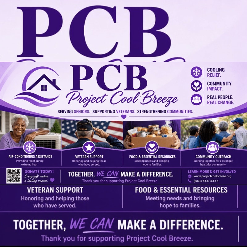 A purple banner for "Project Cool Breeze" features images of people being helped in the foreground, with a large purple logo and text in the background.