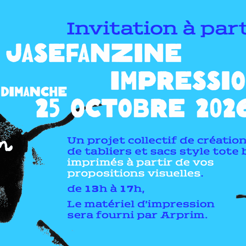 A black abstract shape on the left and right frames a bright blue background with white and yellow text announcing an event.