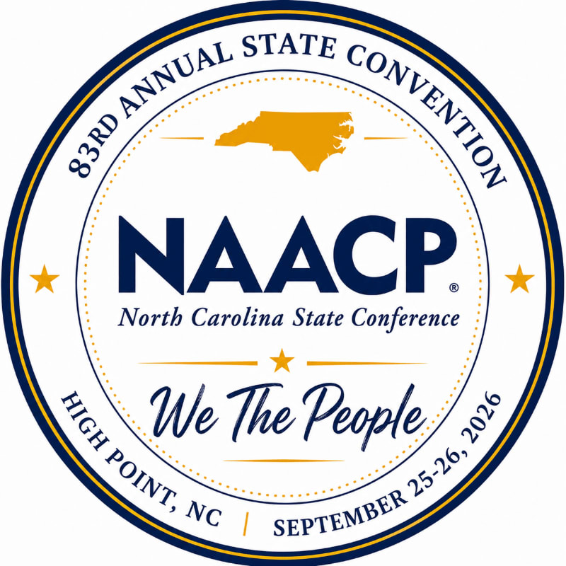 A circular logo for the 83rd Annual State Convention of the NAACP North Carolina State Conference, featuring the organization's name and "We The People" in the foreground, with a map of North Carolina and convention details in the background.