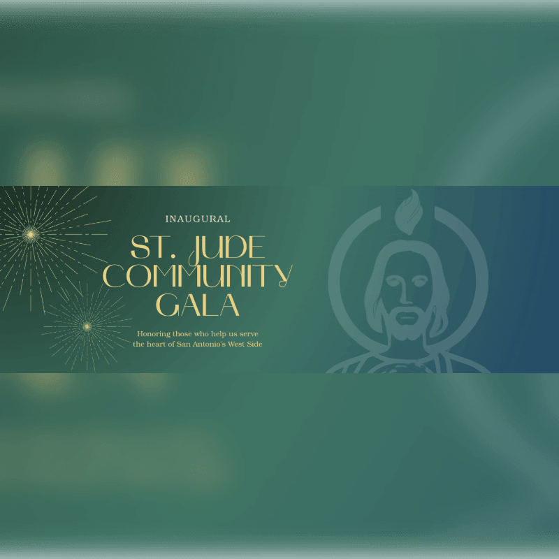A banner for the Inaugural St. Jude Community Gala, featuring fireworks and a silhouette of Jesus, is overlaid on a blurred green and blue background.
