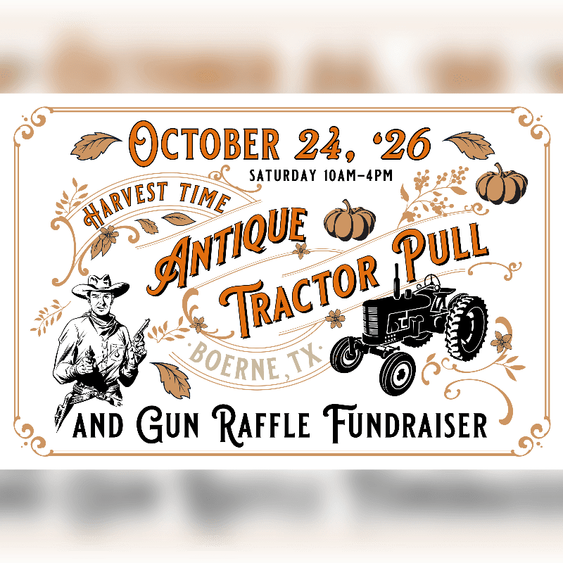 A vintage-style poster advertises an antique tractor pull and gun raffle fundraiser on October 24th, featuring a cowboy in the foreground and a tractor with pumpkins in the background.