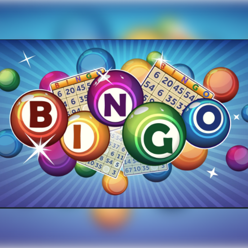 Colorful bingo balls and cards are scattered across a vibrant blue background with radiating lines and sparkles.