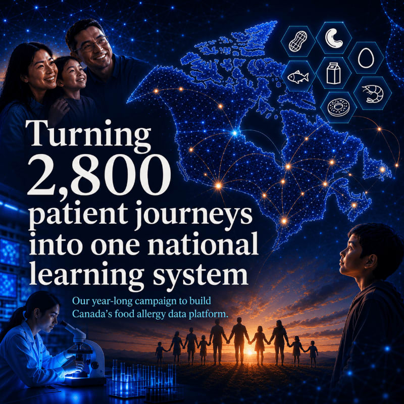 A diverse family smiles in the foreground, while a stylized map of Canada with glowing connections and allergy icons fills the background.